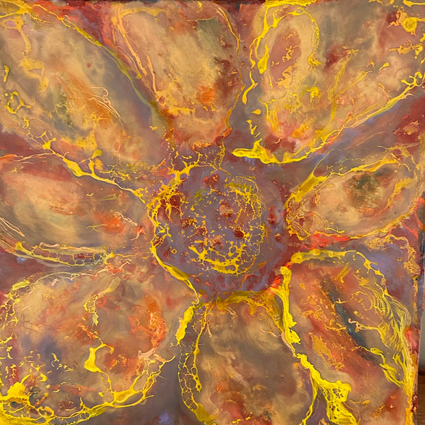 Abstract art representing a sunflower, with swirling patterns of red, yellow, and blue. Original is 12x12 inches, on canvas.