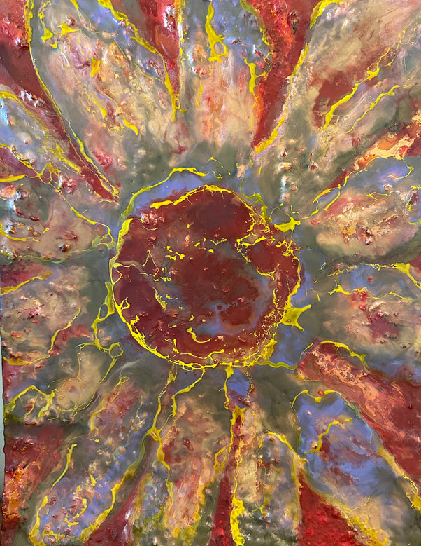 Abstract art with vibrant colors and textured patterns representing a sunflower. Original is a 16x20 inch flat canvas