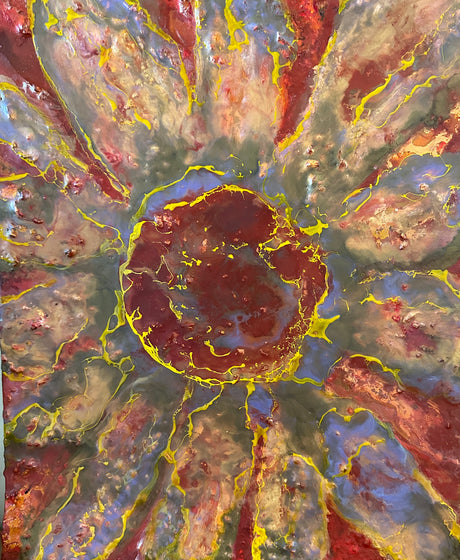 Abstract art with vibrant colors and textured patterns representing a sunflower. Original is a 16x20 inch flat canvas