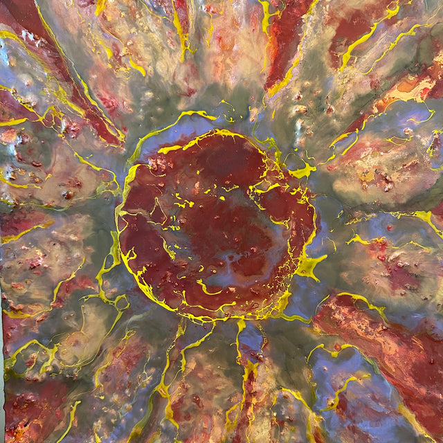 Abstract art with vibrant colors and textured patterns representing a sunflower. Original is a 16x20 inch flat canvas