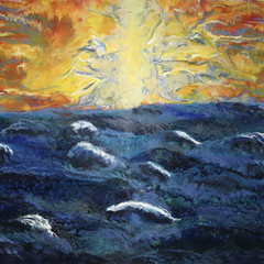 Oil painting of a dramatic sunset over a sea with swirling clouds.