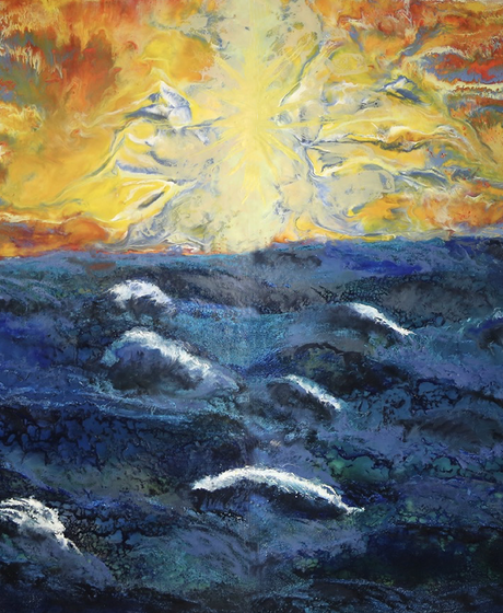 Oil painting of a dramatic sunset over a sea with swirling clouds.