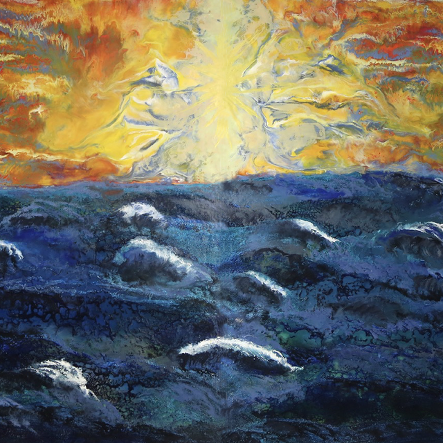 Oil painting of a dramatic sunset over a sea with swirling clouds.