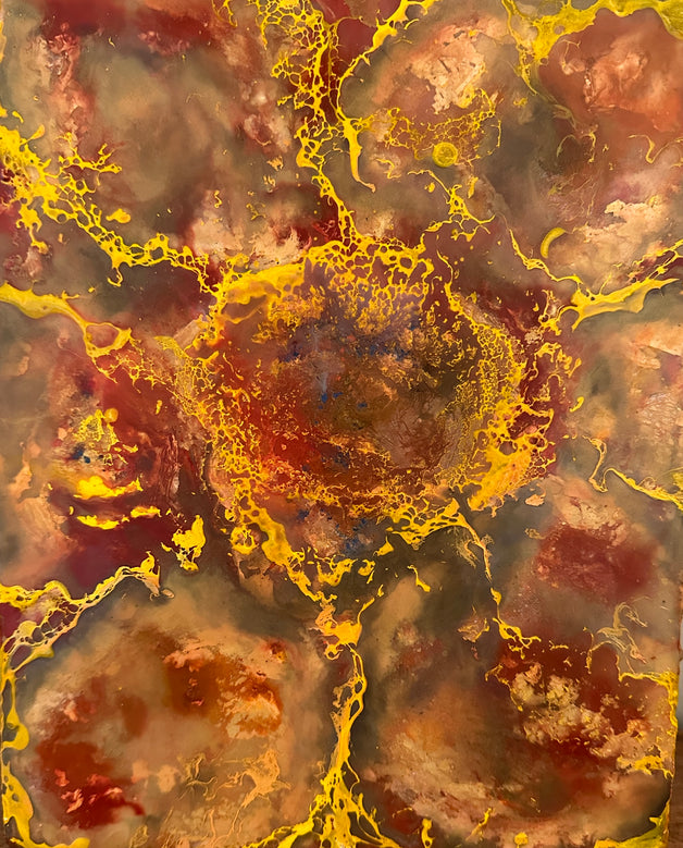 Abstract art, representing a sunflower, with marbled effect in gold, brown, and gray. Original is 8x10 inches, on canvas.