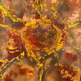 Abstract art, representing a sunflower, with marbled effect in gold, brown, and gray. Original is 8x10 inches, on canvas.