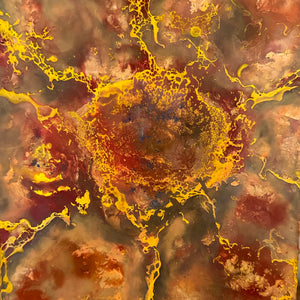 Abstract art, representing a sunflower, with marbled effect in gold, brown, and gray. Original is 8x10 inches, on canvas.