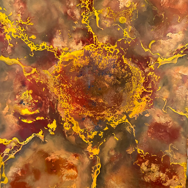 Abstract art, representing a sunflower, with marbled effect in gold, brown, and gray. Original is 8x10 inches, on canvas.