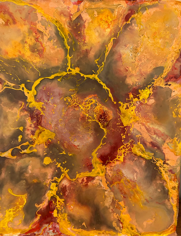 Abstract art representing a sunflower, with swirling patterns of gold, brown, and red. Original is 8x10 inches on canvas.