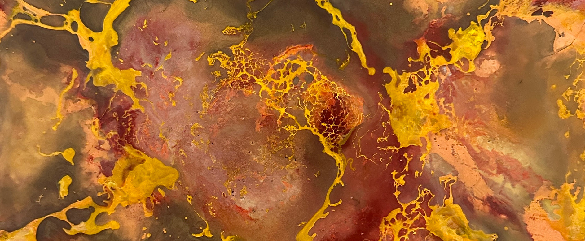 Abstract art representing a sunflower, with swirling patterns of gold, brown, and red. Original is 8x10 inches on canvas.