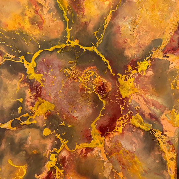 Abstract art representing a sunflower, with swirling patterns of gold, brown, and red. Original is 8x10 inches on canvas.