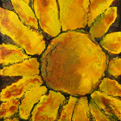 Artistic depiction of a sunflower with textured petals on a dark background