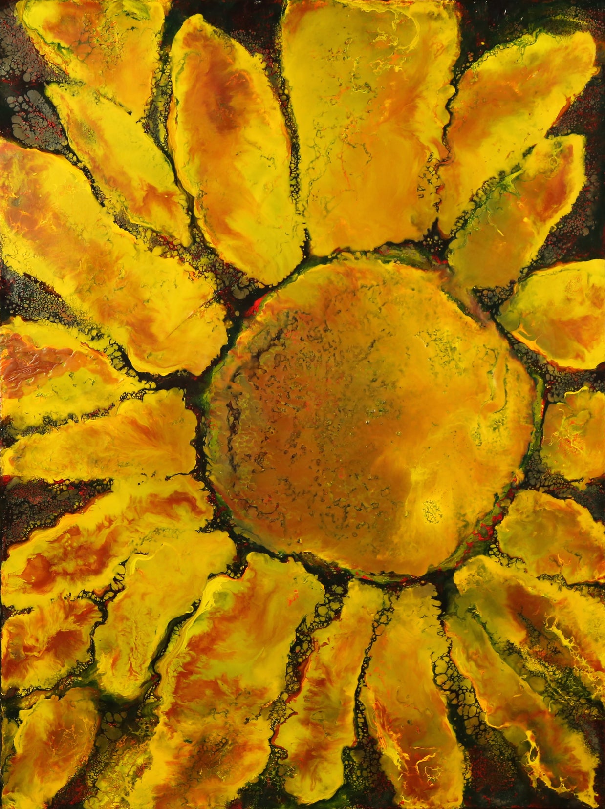 Artistic depiction of a sunflower with textured petals on a dark background