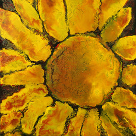 Artistic depiction of a sunflower with textured petals on a dark background