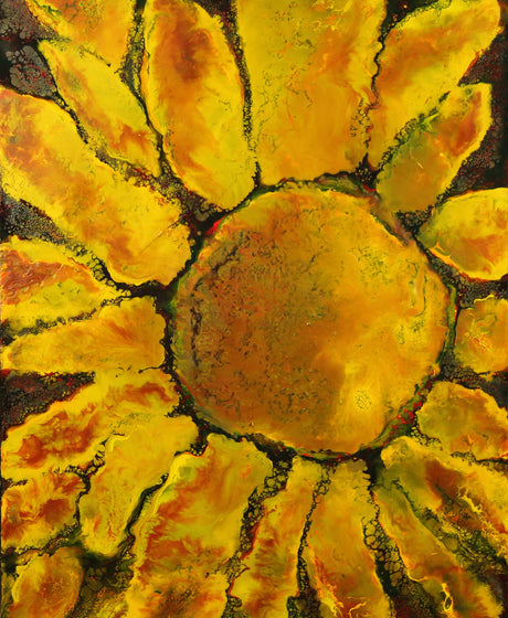 Artistic depiction of a sunflower with textured petals on a dark background
