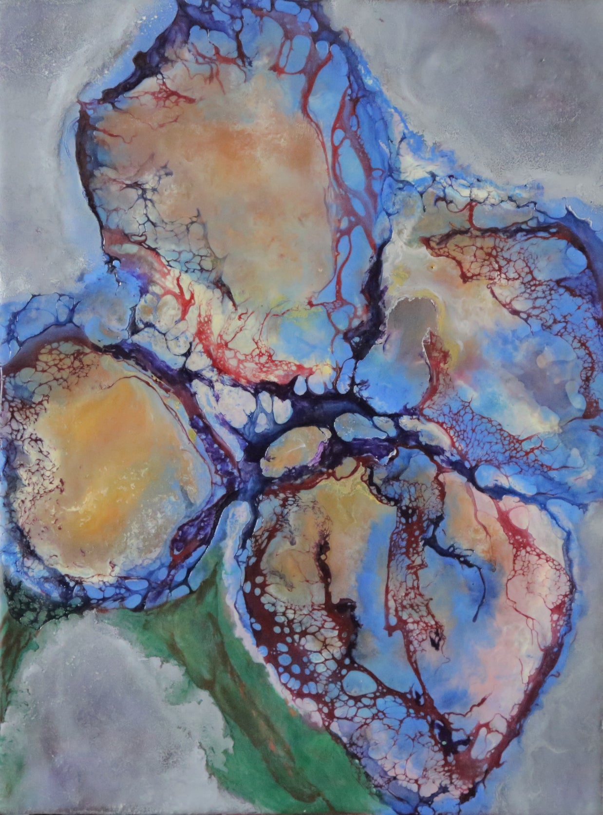 Abstract art with blue, red, and beige colors on a textured background