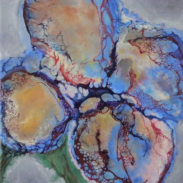 Abstract art with blue, red, and beige colors on a textured background