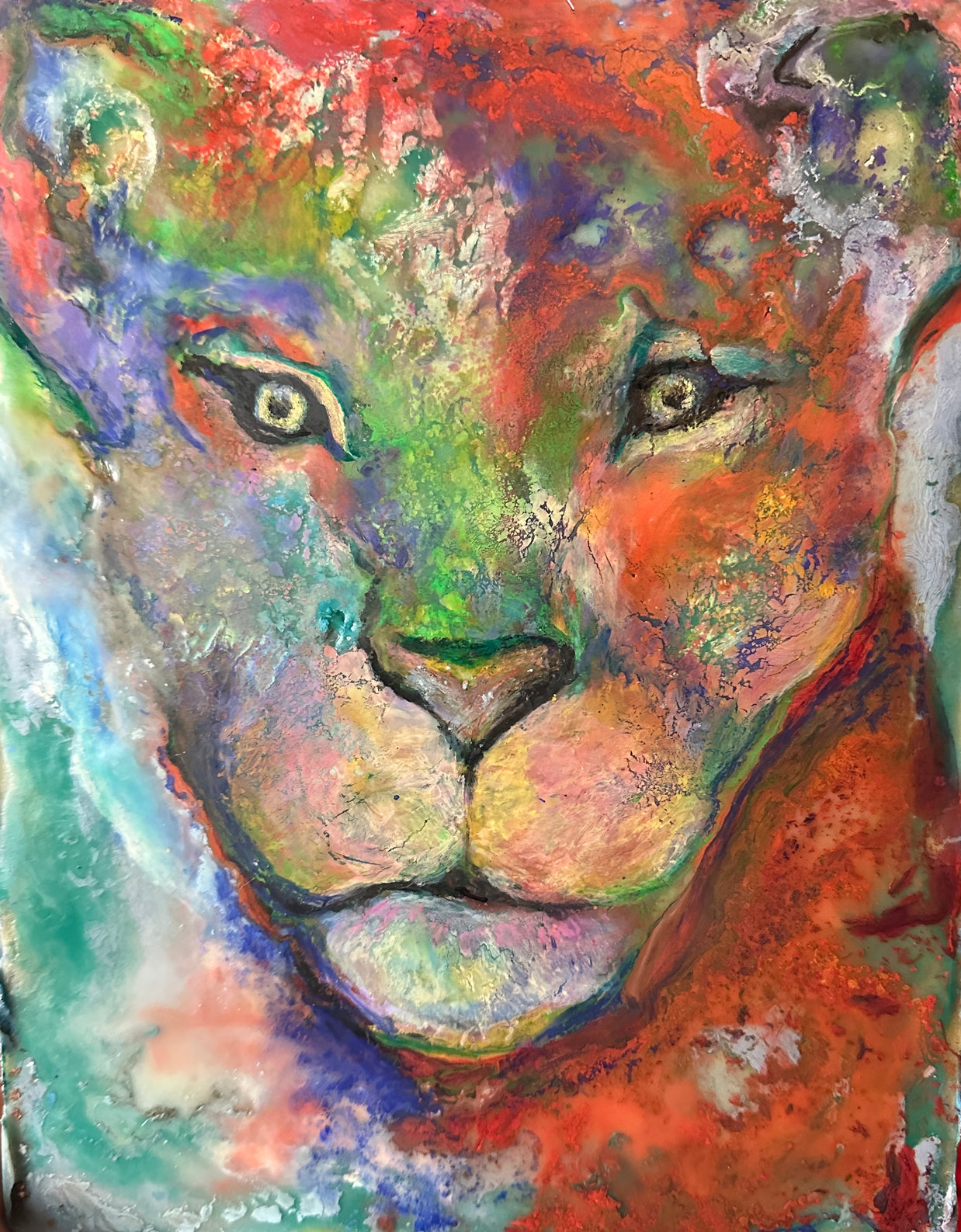 Colorful abstract painting of a lion's face