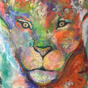 Colorful abstract painting of a lion's face