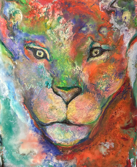 Colorful abstract painting of a lion's face
