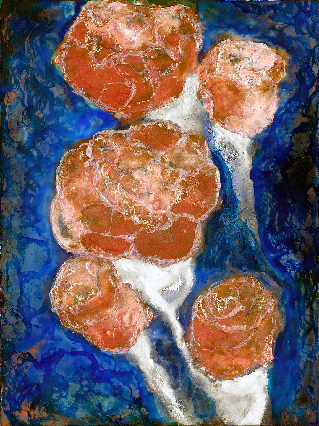 Artistic depiction of red rocks on a blue background