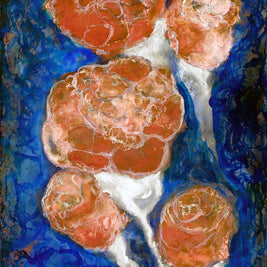 Artistic depiction of red rocks on a blue background