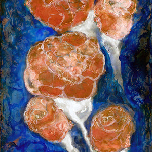 Artistic depiction of red rocks on a blue background