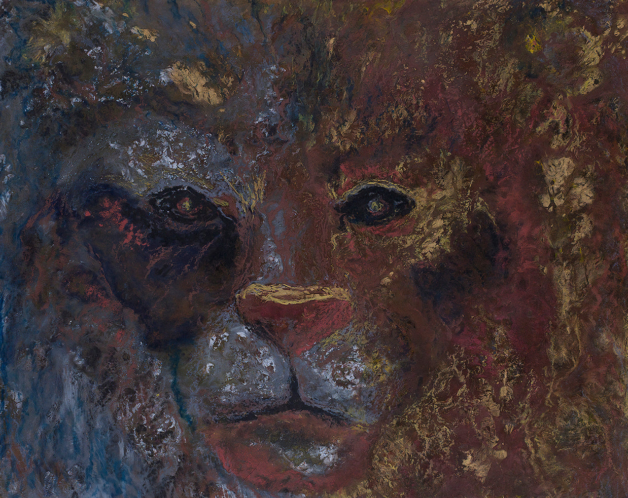Abstract painting of a lion's face with textured brushstrokes.
