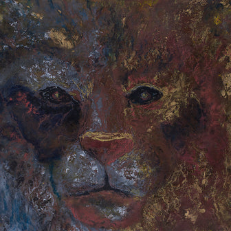 Abstract painting of a lion's face with textured brushstrokes.