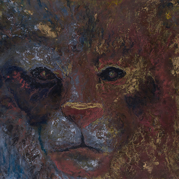 Abstract painting of a lion's face with textured brushstrokes.