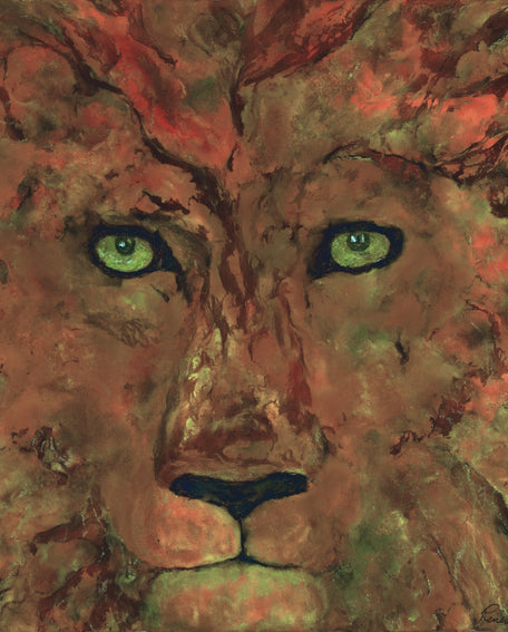 Artistic depiction of a lion's face with a textured background