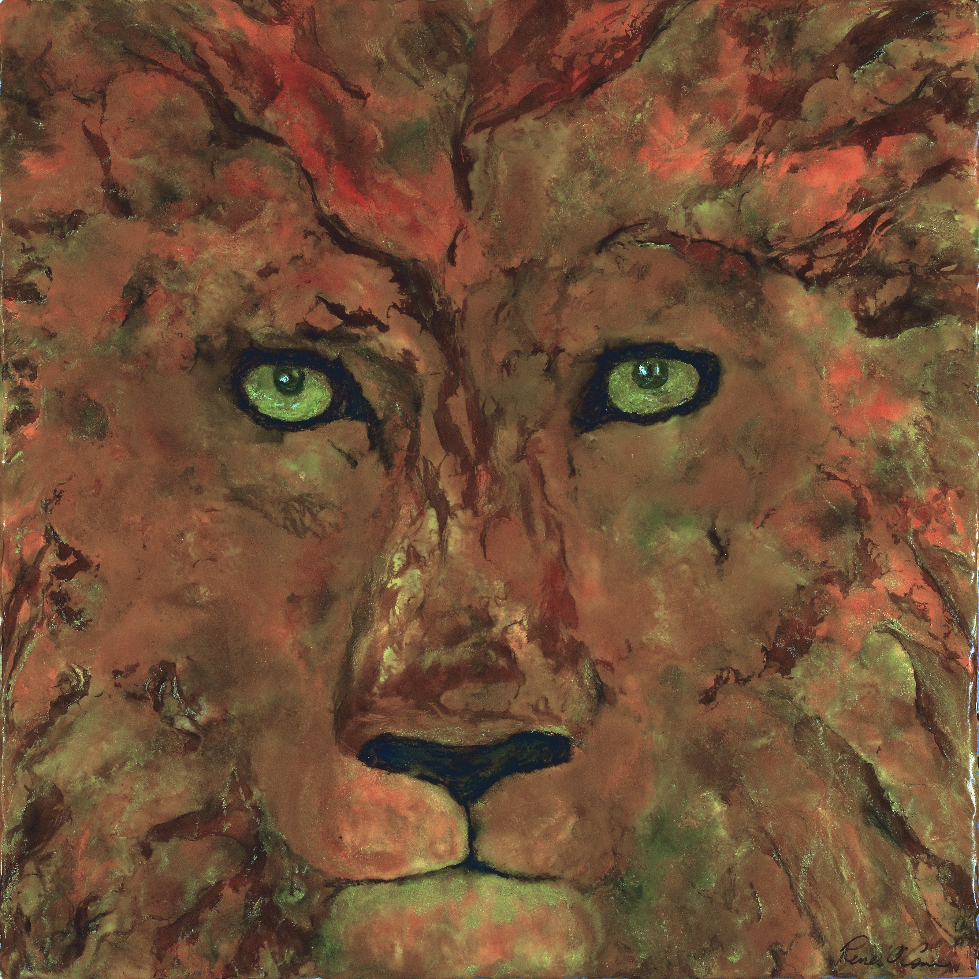 Artistic depiction of a lion's face with a textured background