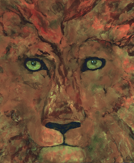 Artistic depiction of a lion's face with a textured background