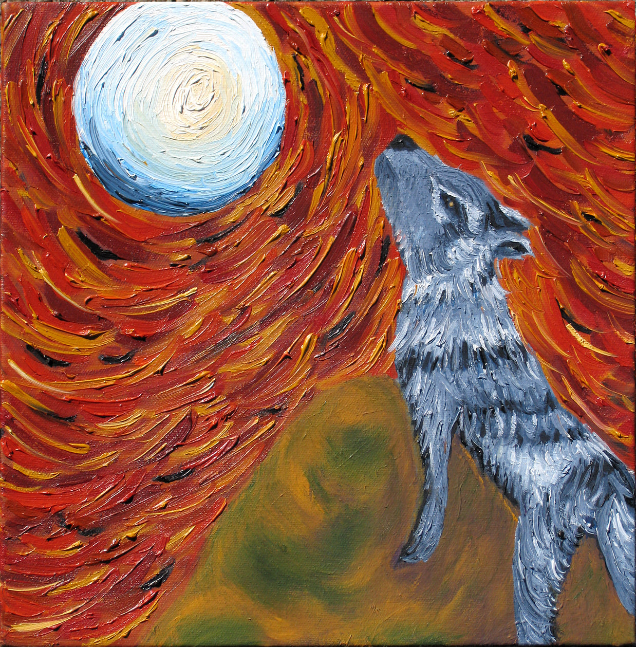 Painting of a wolf howling at a full moon with a fiery background