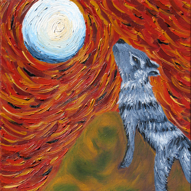 Painting of a wolf howling at a full moon with a fiery background