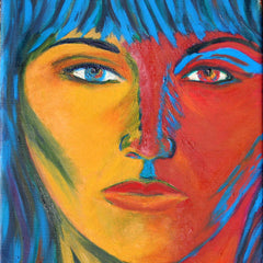 Colorful abstract painting of a face with blue, red, and yellow hues.