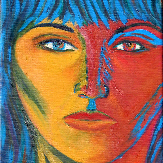 Colorful abstract painting of a face with blue, red, and yellow hues.