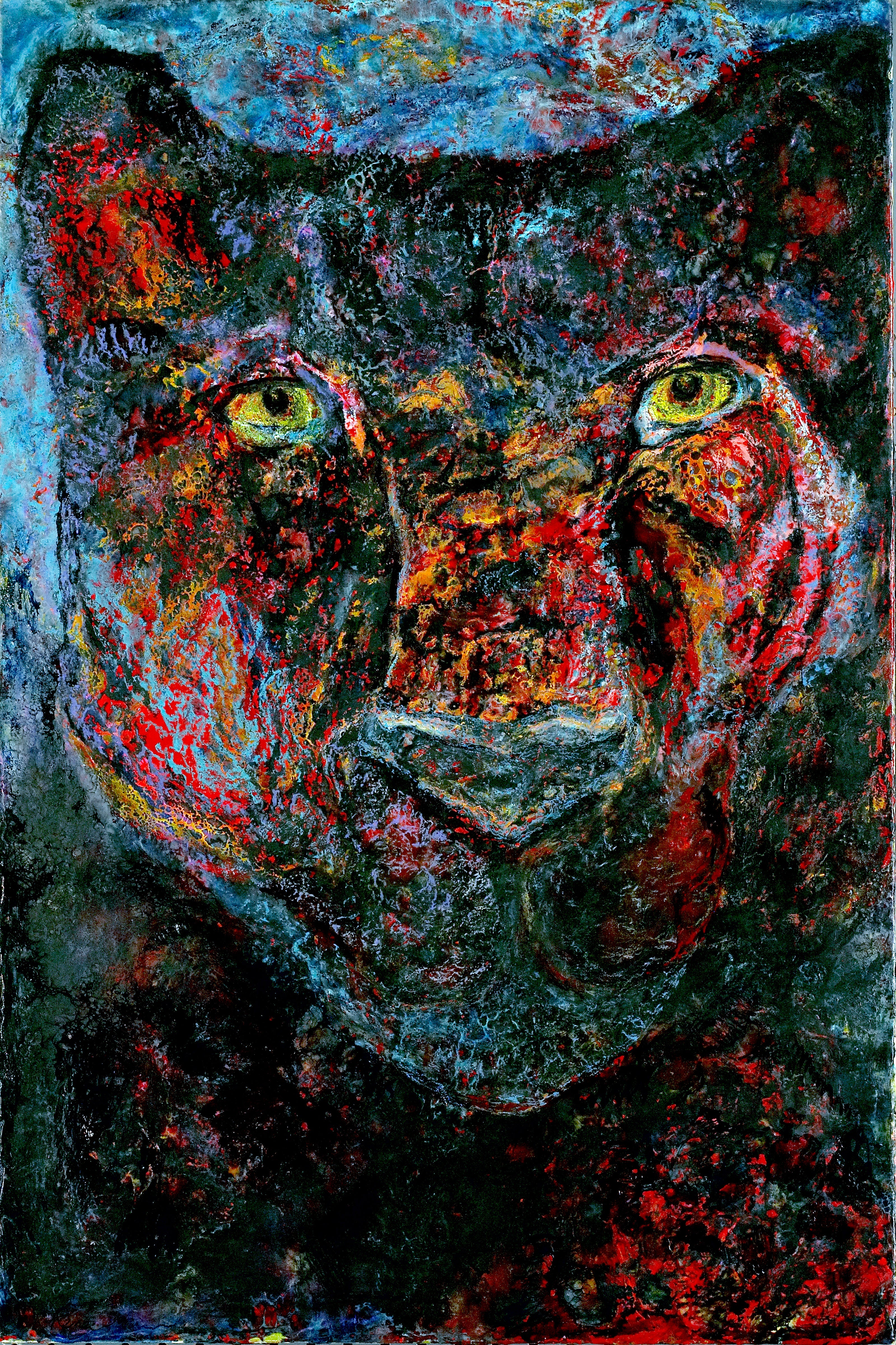Abstract painting of a cat's face with vibrant colors