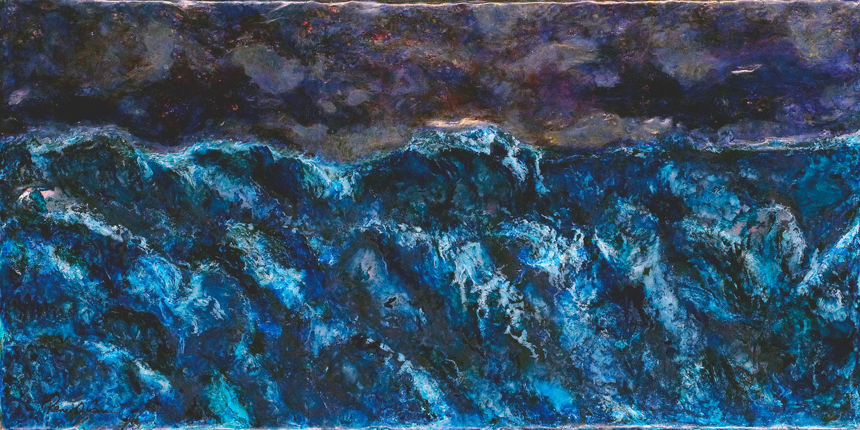 Abstract painting of blue and black waves