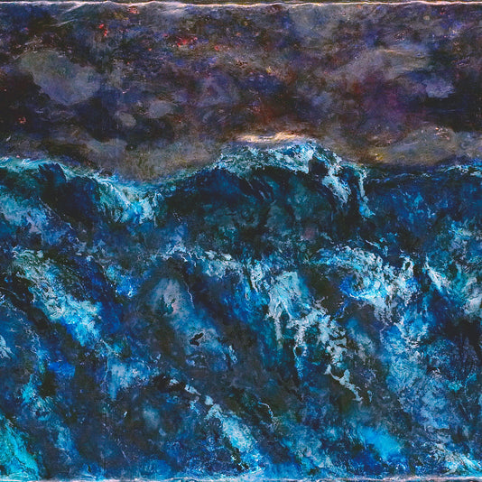 Abstract painting of blue and black waves