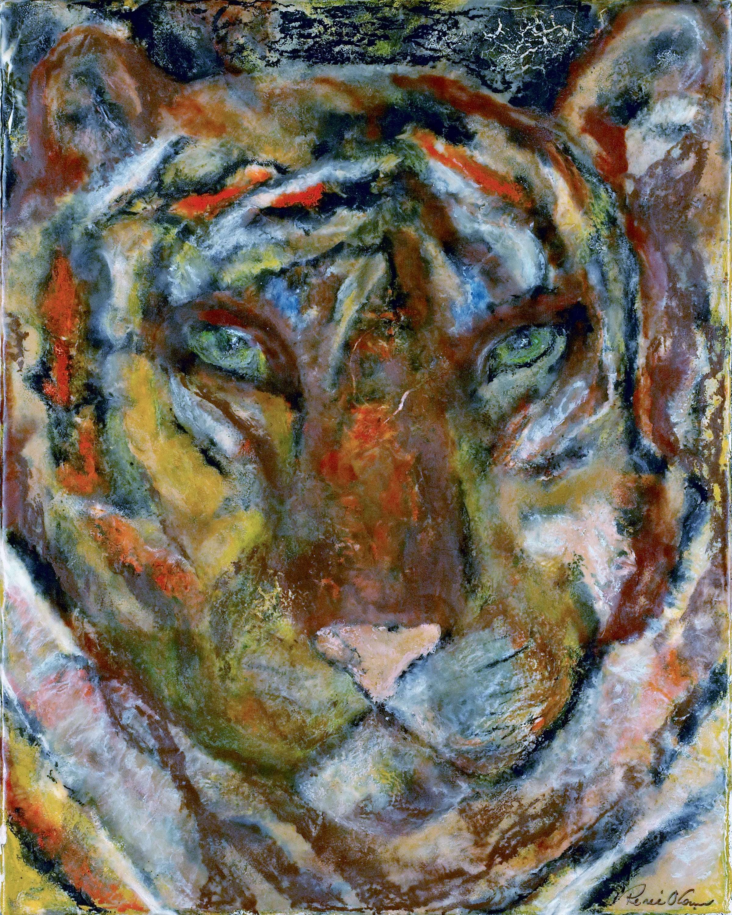 Artistic depiction of a tiger's face with a stylized background