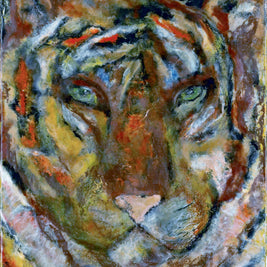 Artistic depiction of a tiger's face with a stylized background