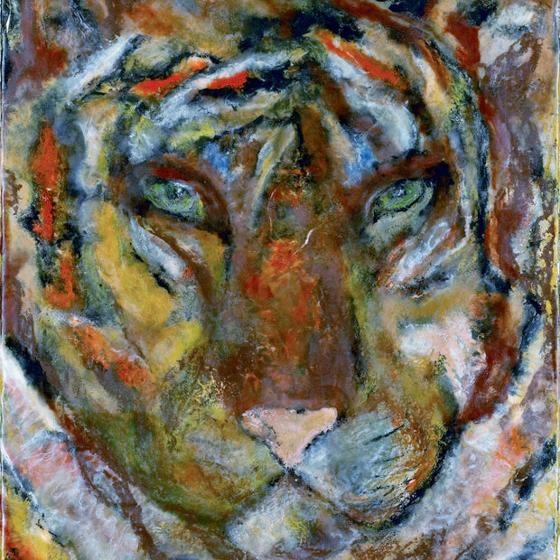 Artistic depiction of a tiger's face with a stylized background