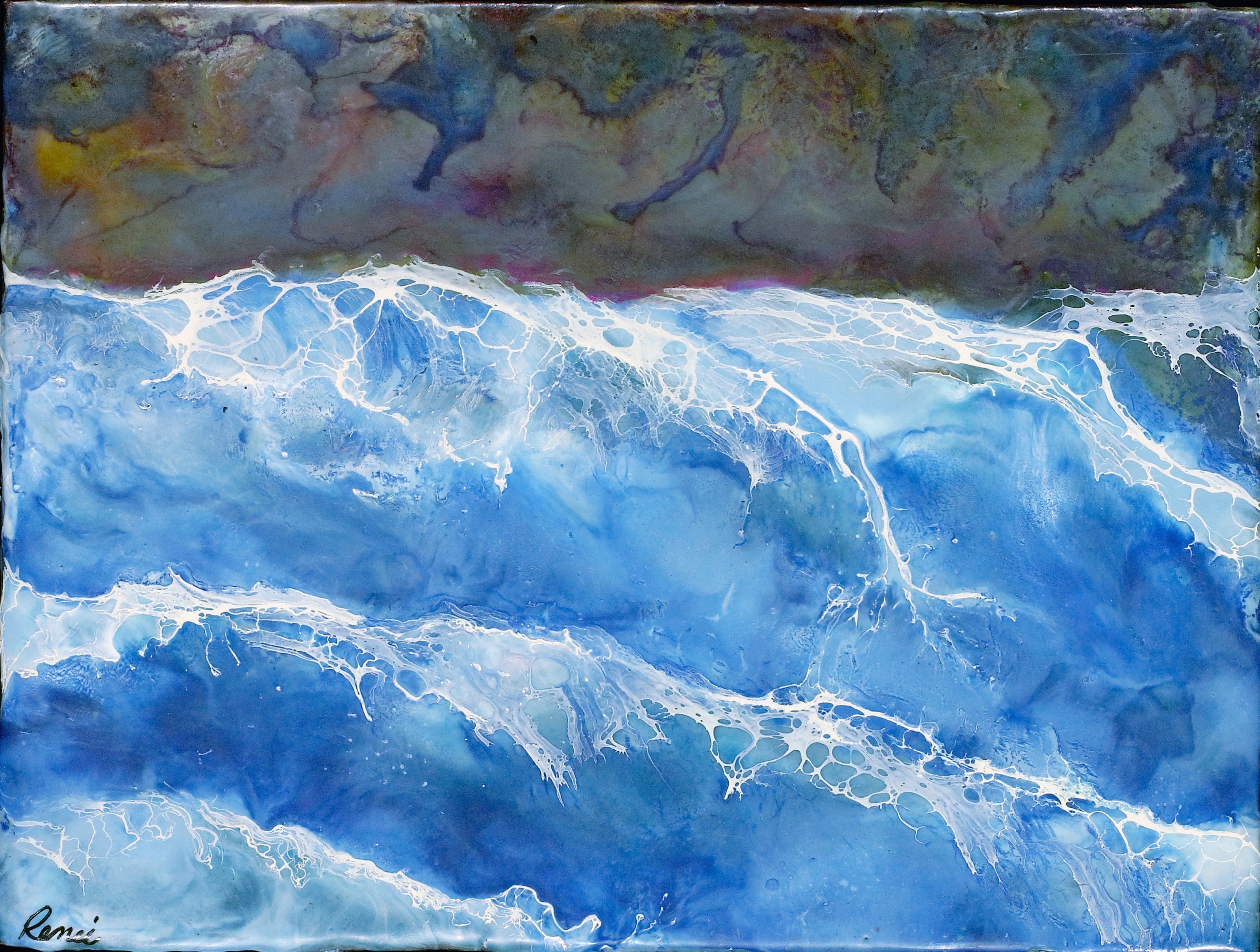 Abstract painting of blue waves with a black frame