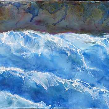 Abstract painting of blue waves with a black frame