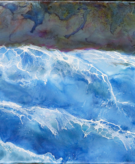 Abstract painting of blue waves with a black frame