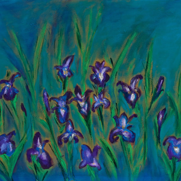 Artistic depiction of purple flowers with green leaves on a blue background