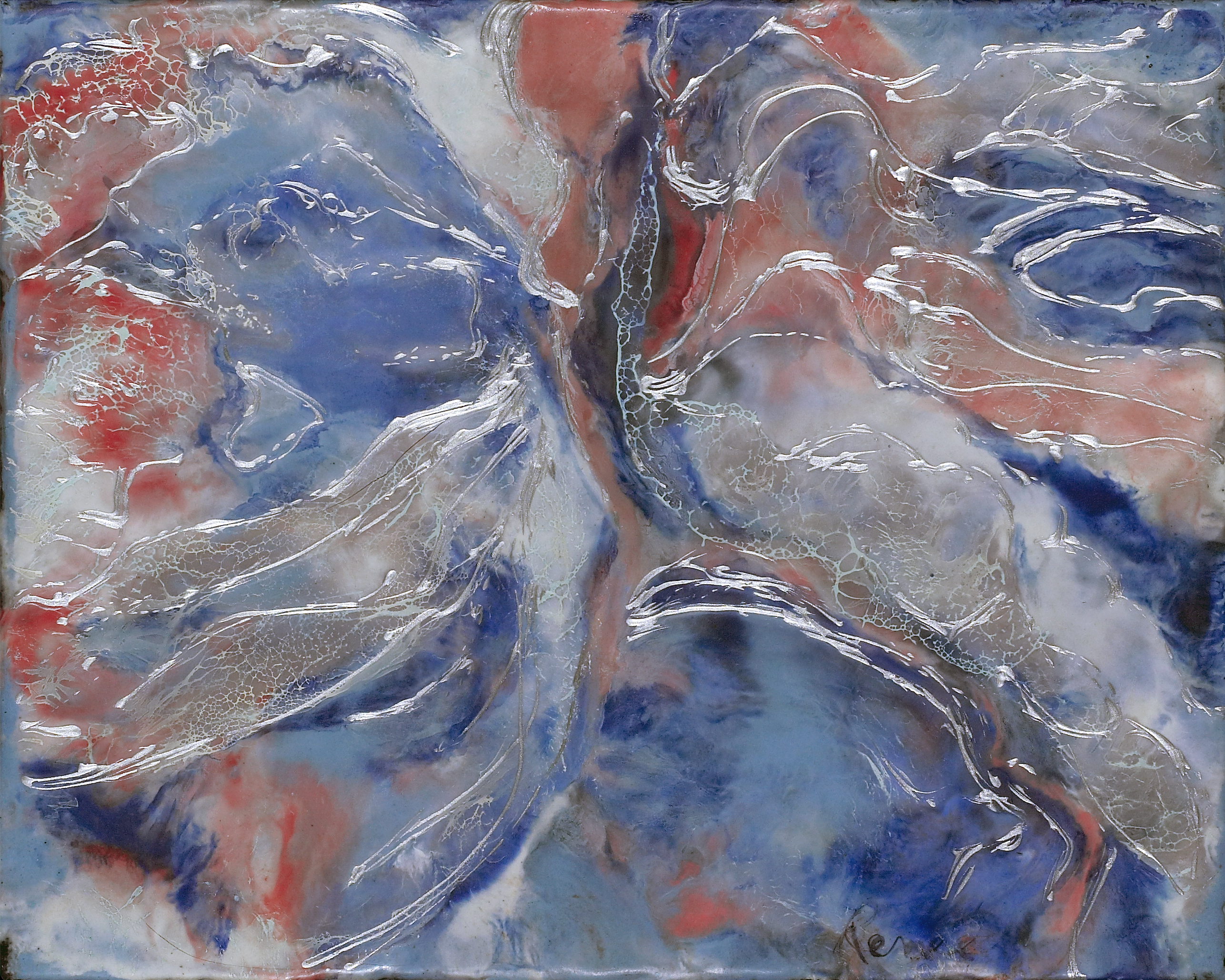 Abstract artwork with swirling colors on a textured surface