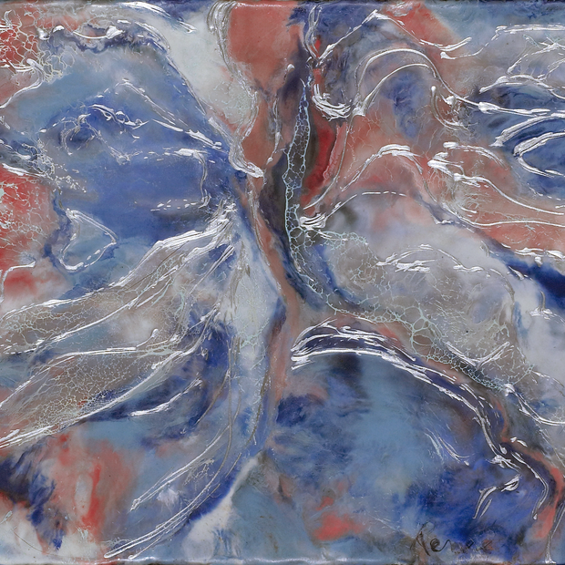 Abstract artwork with swirling colors on a textured surface