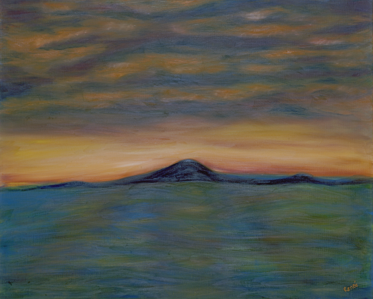 Painting of a mountain silhouette against a sunset sky with blue, orange, and purple hues.