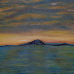 Painting of a mountain silhouette against a sunset sky with blue, orange, and purple hues.